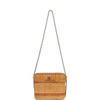 Vintage Small Picnic Basket Bag Natural Wicker Gold Hardware