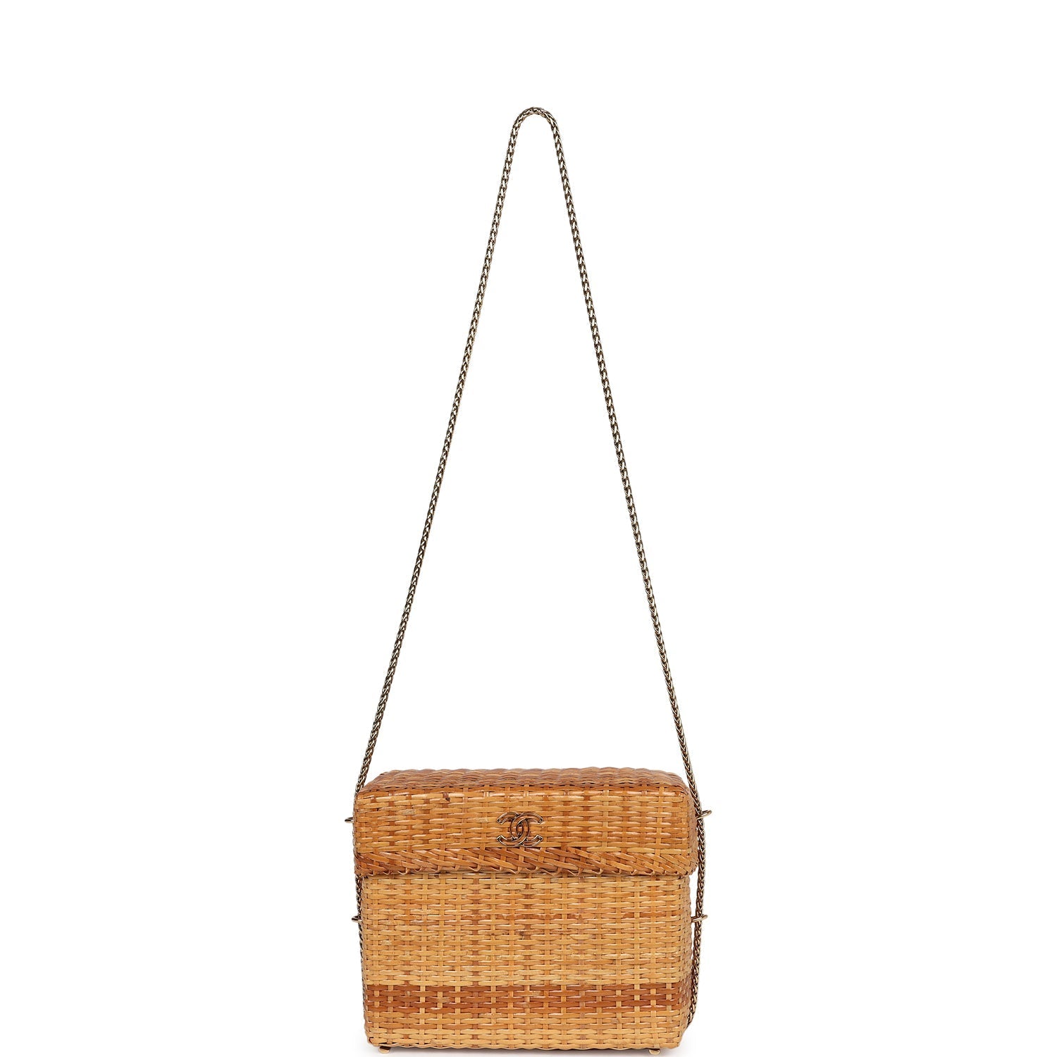 Vintage Small Picnic Basket Bag Natural Wicker Gold Hardware