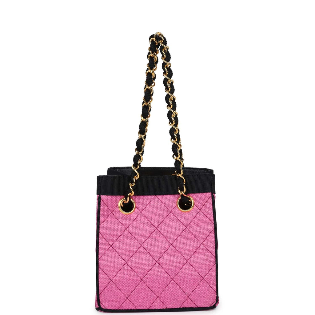 Vintage Set of Two Mini Bucket Bag & Oval Handbag Pink and Black Raffia Gold Hardware