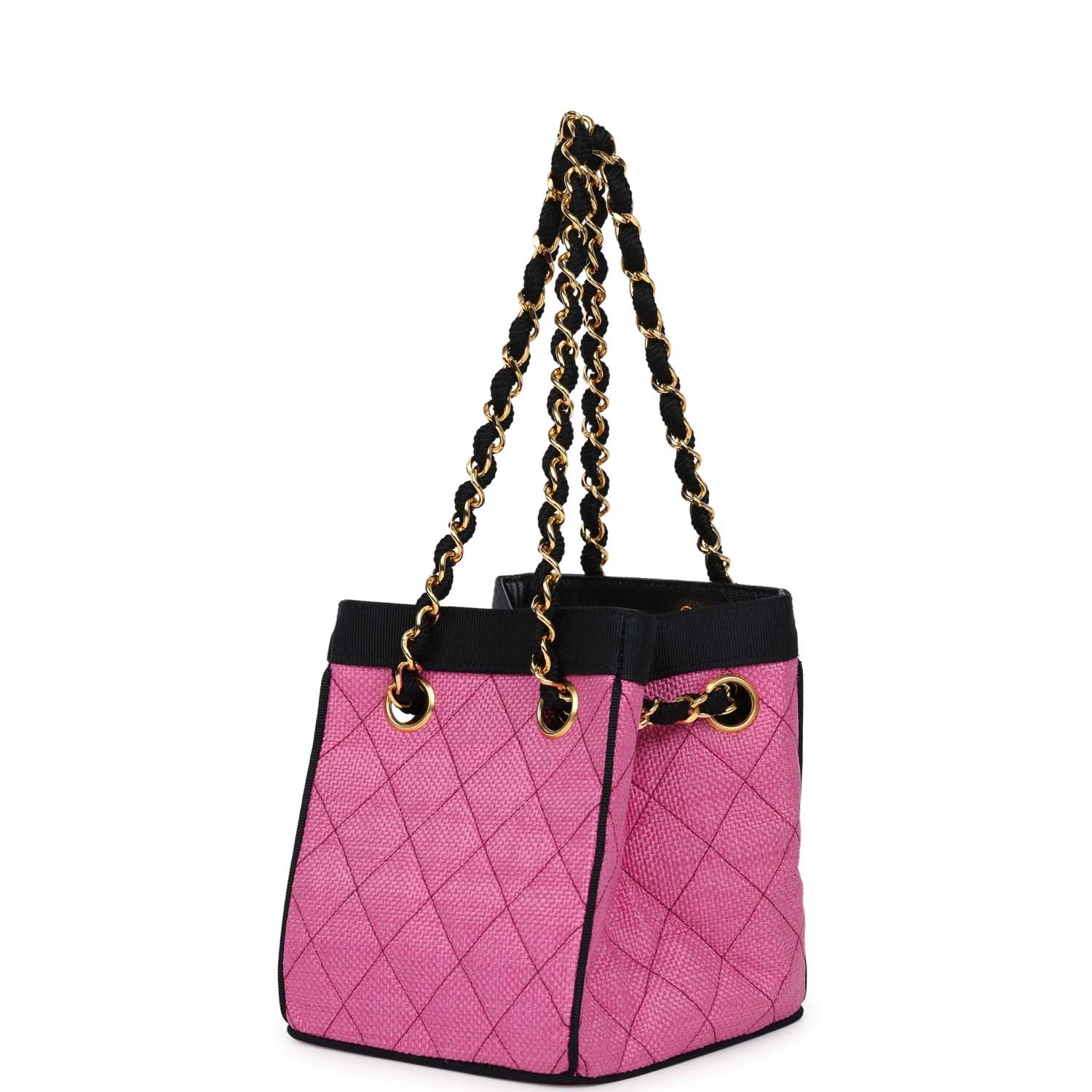 Vintage Set of Two Mini Bucket Bag & Oval Handbag Pink and Black Raffia Gold Hardware