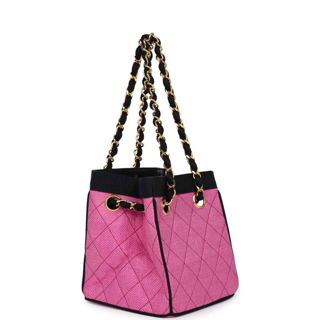 Vintage Set of Two Mini Bucket Bag & Oval Handbag Pink and Black Raffia Gold Hardware