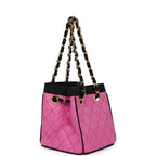 Vintage Set of Two Mini Bucket Bag & Oval Handbag Pink and Black Raffia Gold Hardware