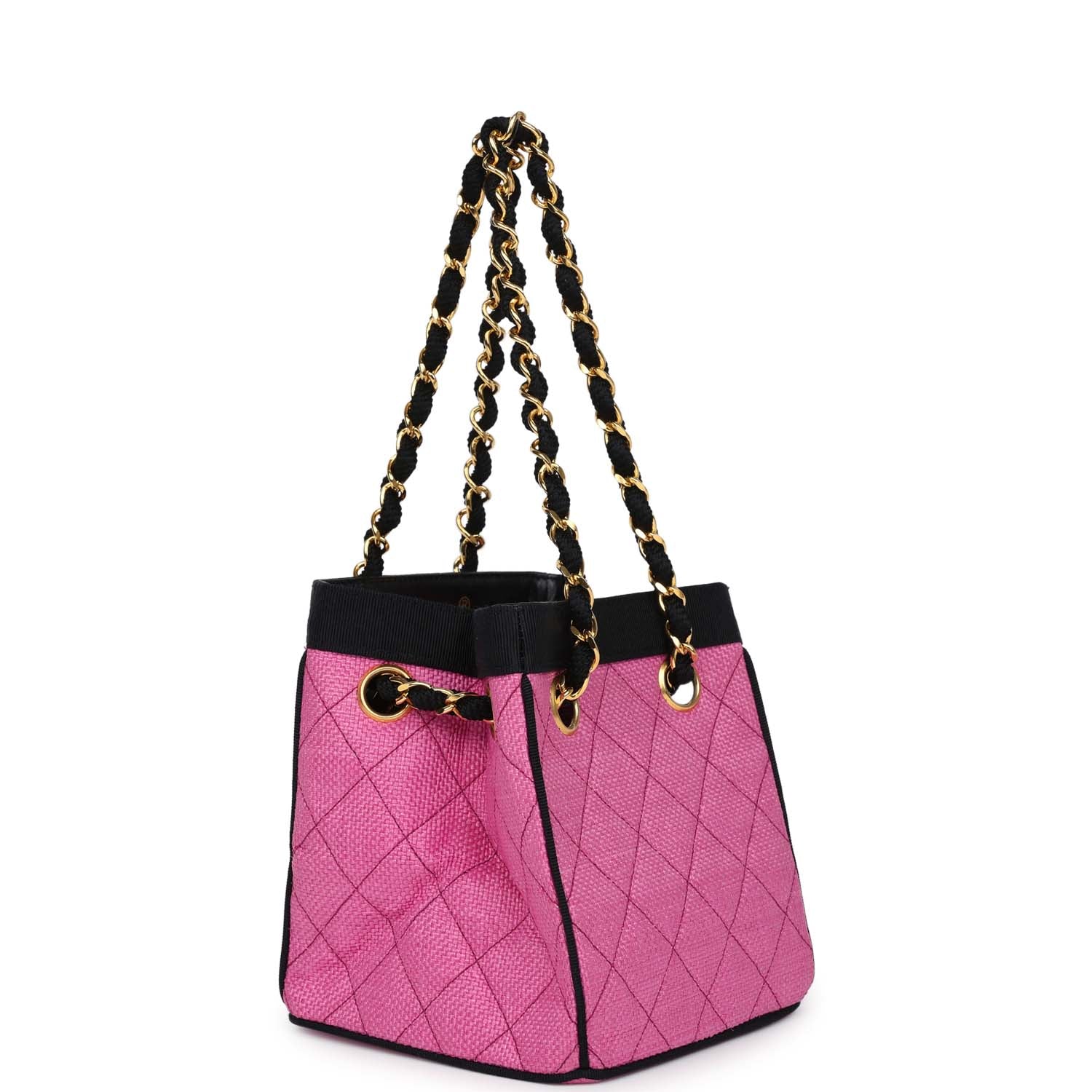 Vintage Set of Two Mini Bucket Bag & Oval Handbag Pink and Black Raffia Gold Hardware