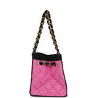 Vintage Set of Two Mini Bucket Bag & Oval Handbag Pink and Black Raffia Gold Hardware