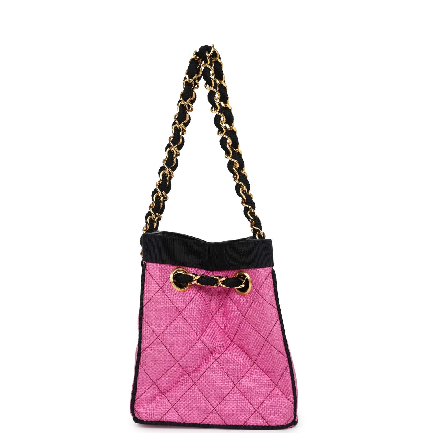 Vintage Set of Two Mini Bucket Bag & Oval Handbag Pink and Black Raffia Gold Hardware