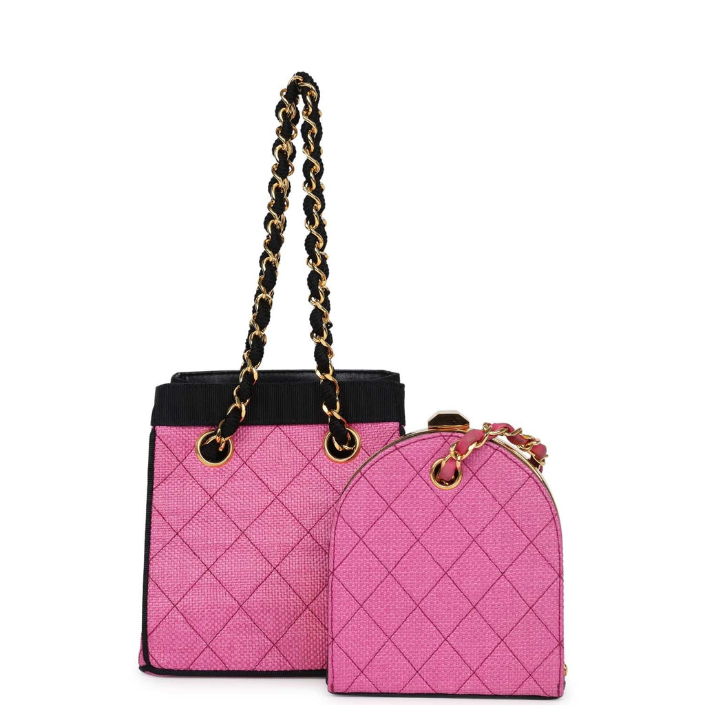 Vintage Set of Two Mini Bucket Bag & Oval Handbag Pink and Black Raffia Gold Hardware