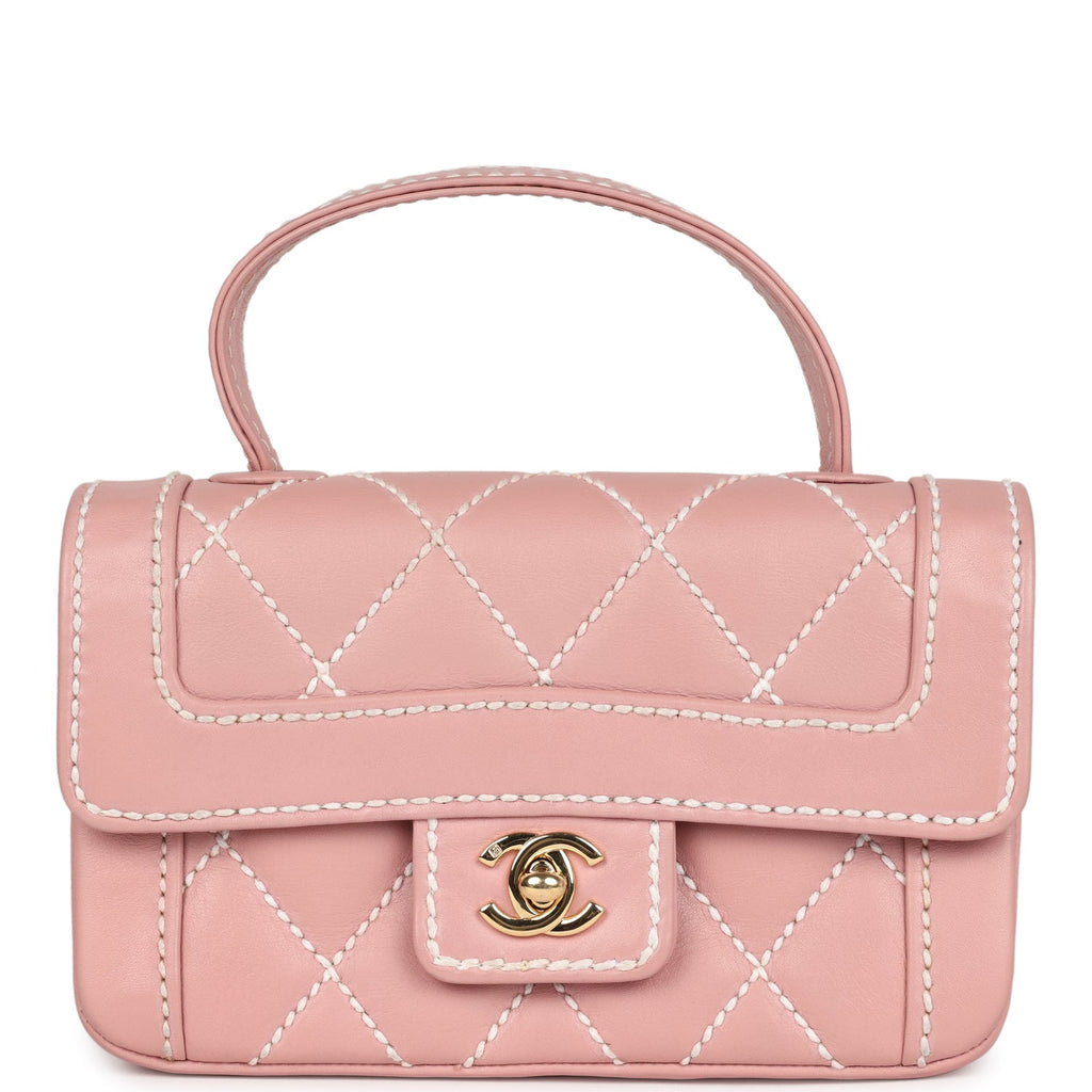 Vintage Mini Wild Stitch Surpique Top Handle Flap Bag Pink Calfskin Gold Hardware