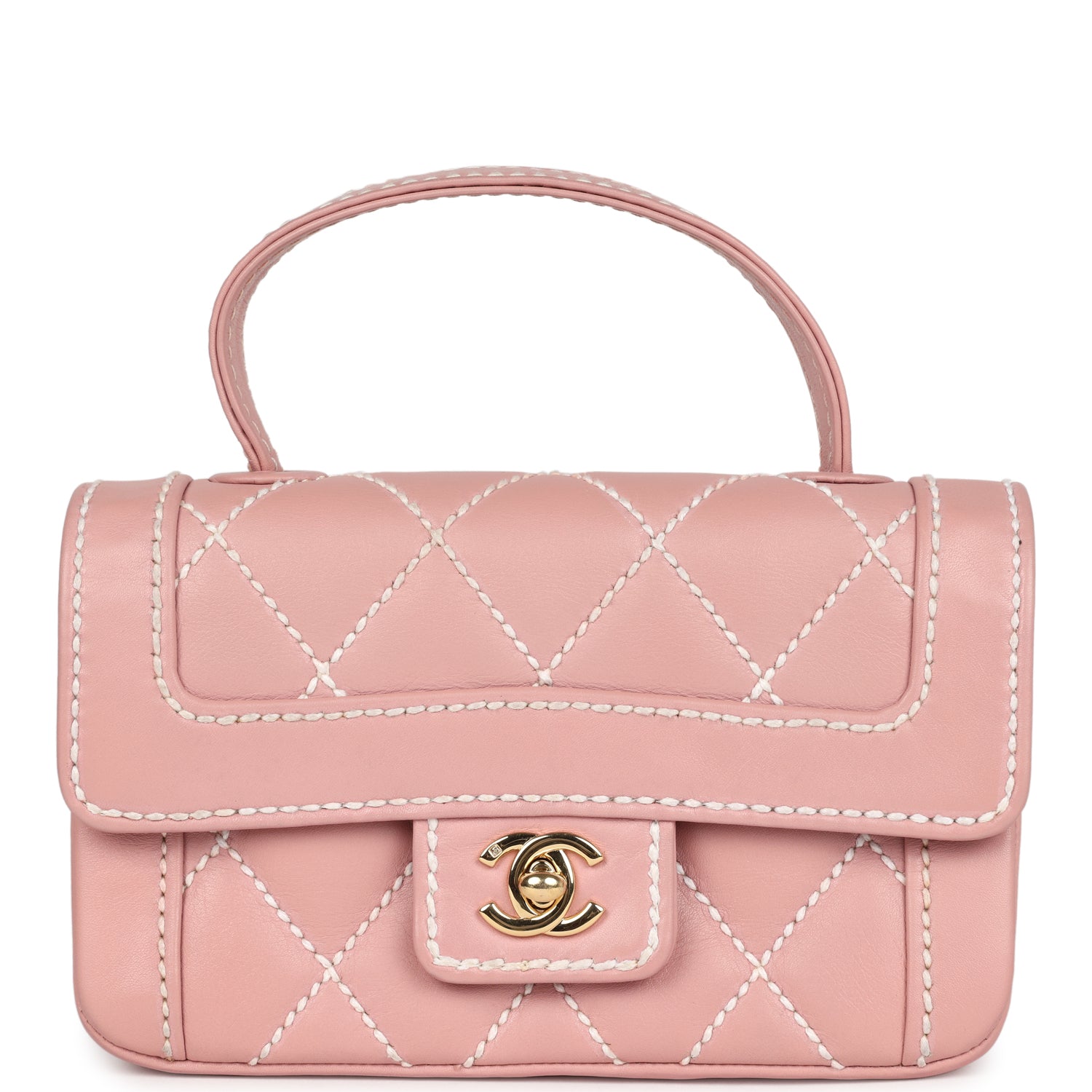 Vintage Mini Wild Stitch Surpique Top Handle Flap Bag Pink Calfskin Gold Hardware