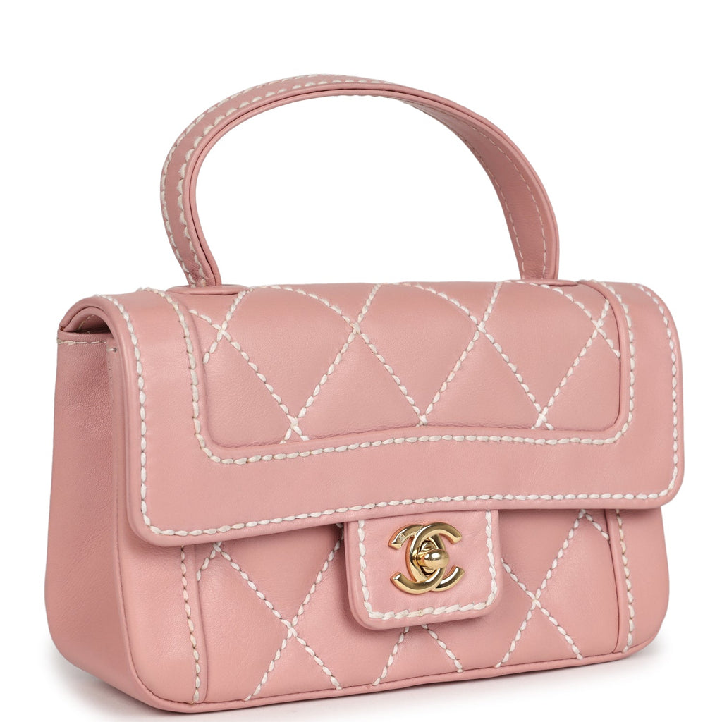 Vintage Mini Wild Stitch Surpique Top Handle Flap Bag Pink Calfskin Gold Hardware