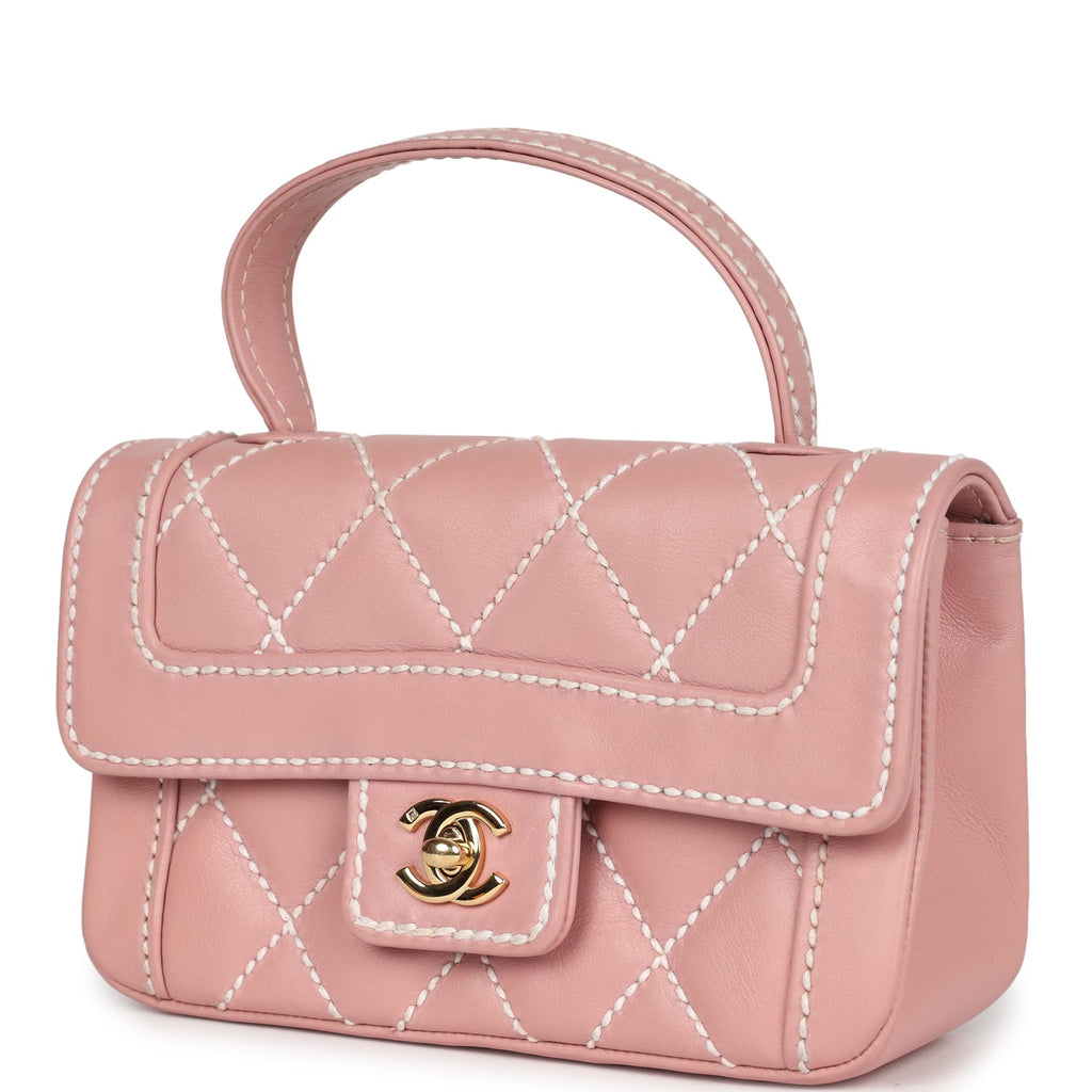 Vintage Mini Wild Stitch Surpique Top Handle Flap Bag Pink Calfskin Gold Hardware