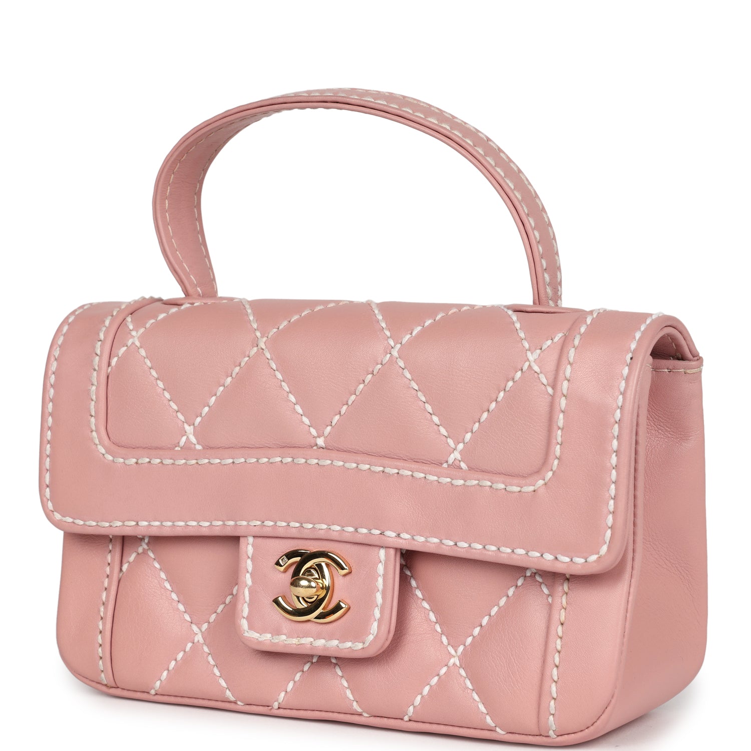 Vintage Mini Wild Stitch Surpique Top Handle Flap Bag Pink Calfskin Gold Hardware