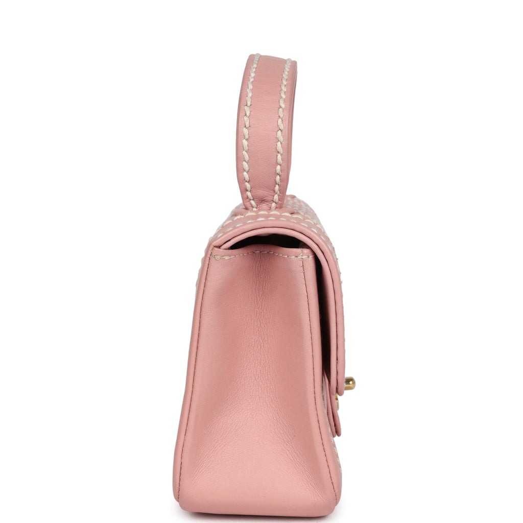 Vintage Mini Wild Stitch Surpique Top Handle Flap Bag Pink Calfskin Gold Hardware