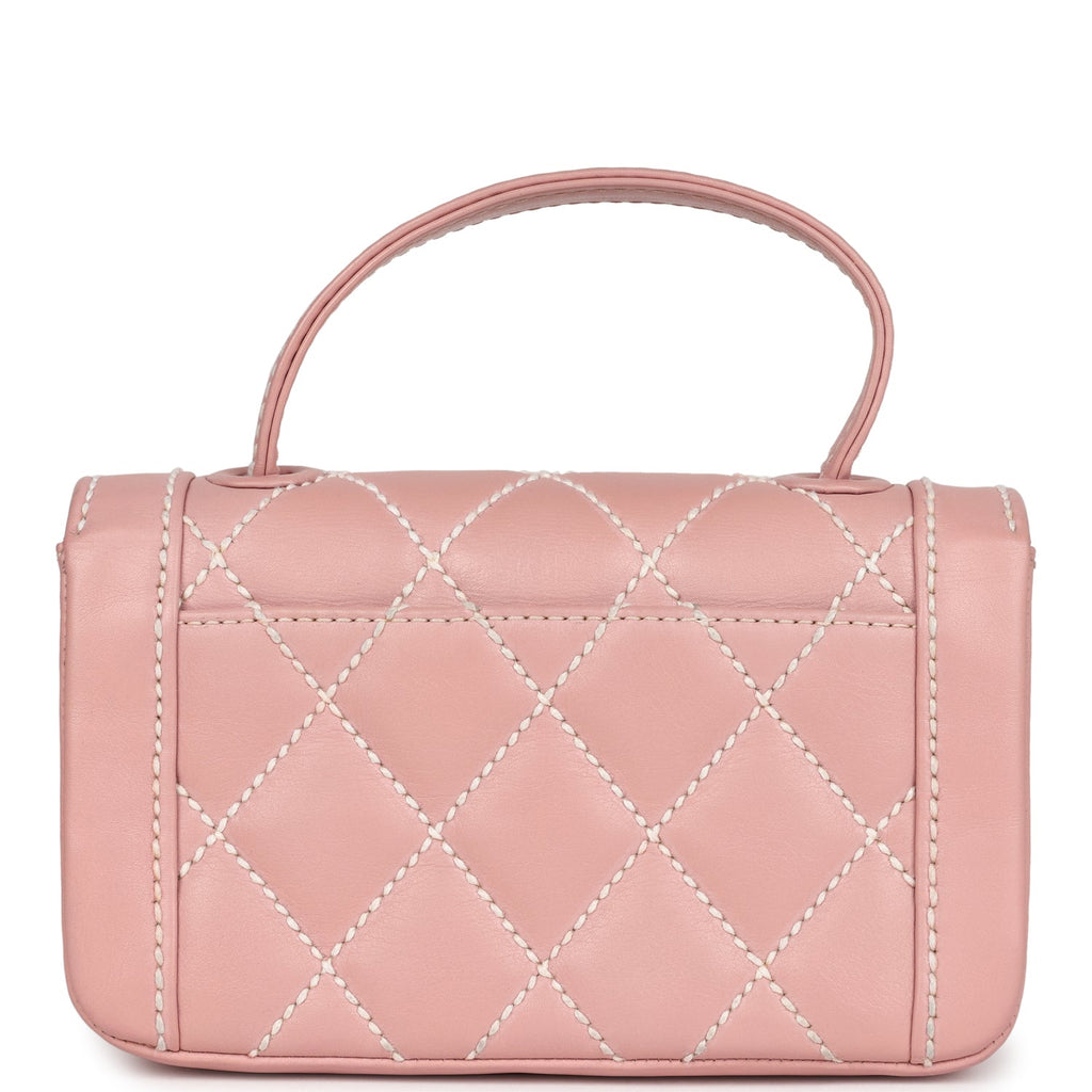 Vintage Mini Wild Stitch Surpique Top Handle Flap Bag Pink Calfskin Gold Hardware