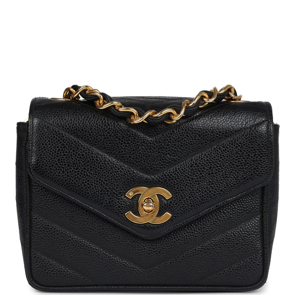 Vintage Square Chevron Envelope Flap Bag Black Caviar Gold Hardware