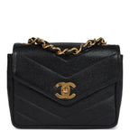 Vintage Square Chevron Envelope Flap Bag Black Caviar Gold Hardware