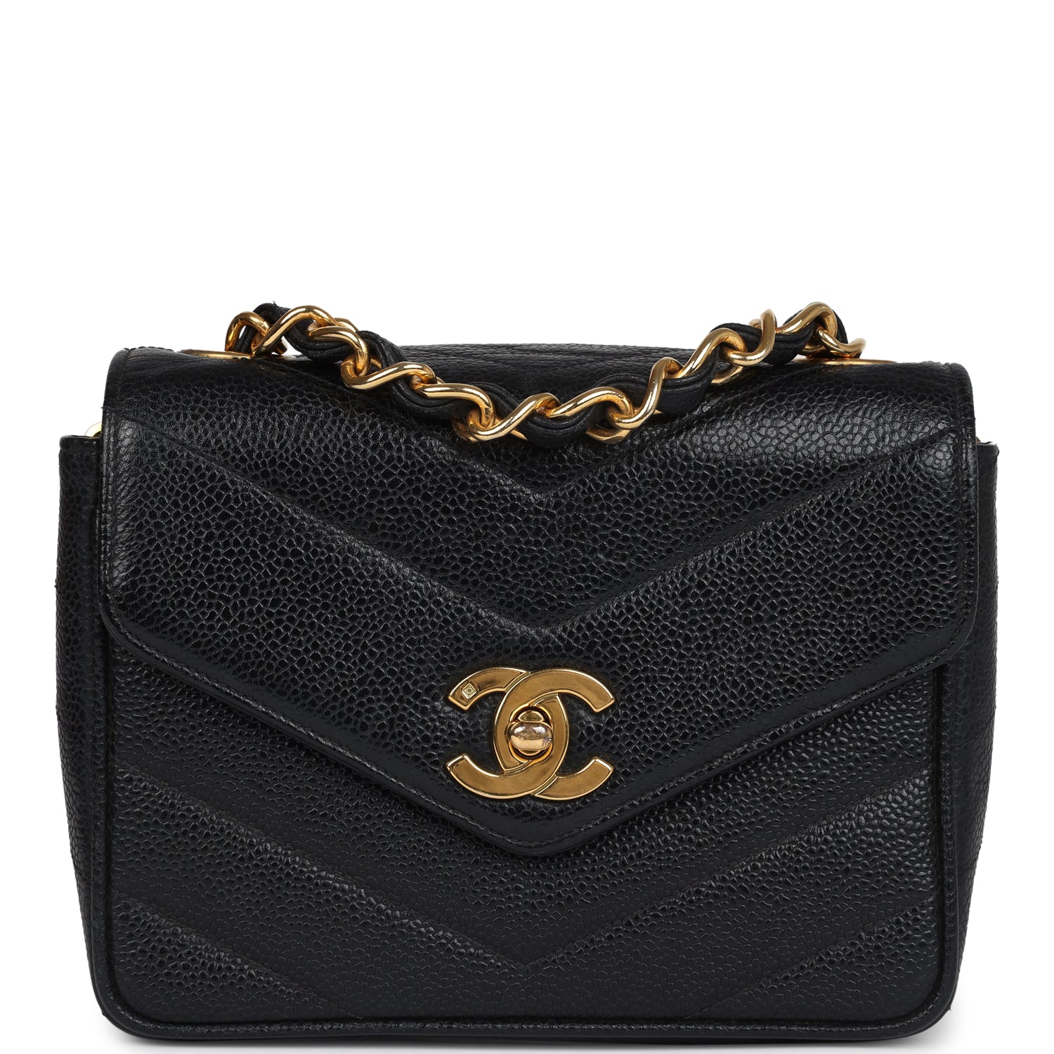 Vintage Square Chevron Envelope Flap Bag Black Caviar Gold Hardware