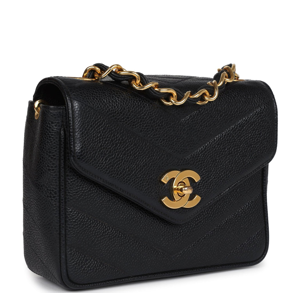 Vintage Square Chevron Envelope Flap Bag Black Caviar Gold Hardware
