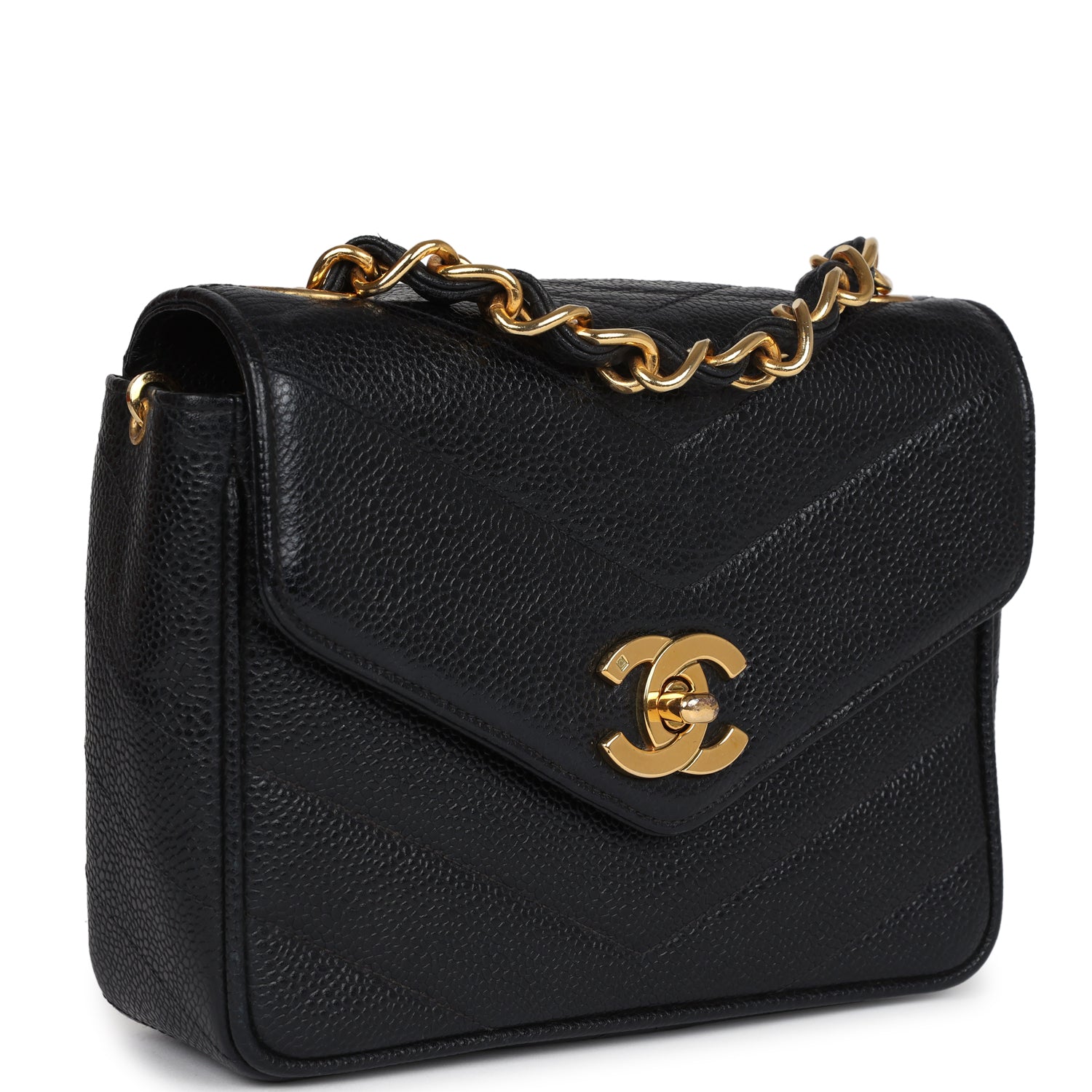 Vintage Square Chevron Envelope Flap Bag Black Caviar Gold Hardware