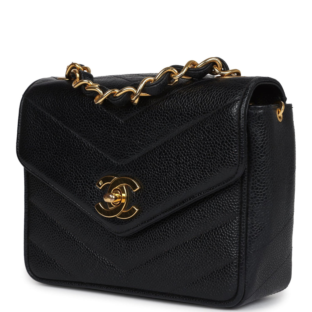 Vintage Square Chevron Envelope Flap Bag Black Caviar Gold Hardware