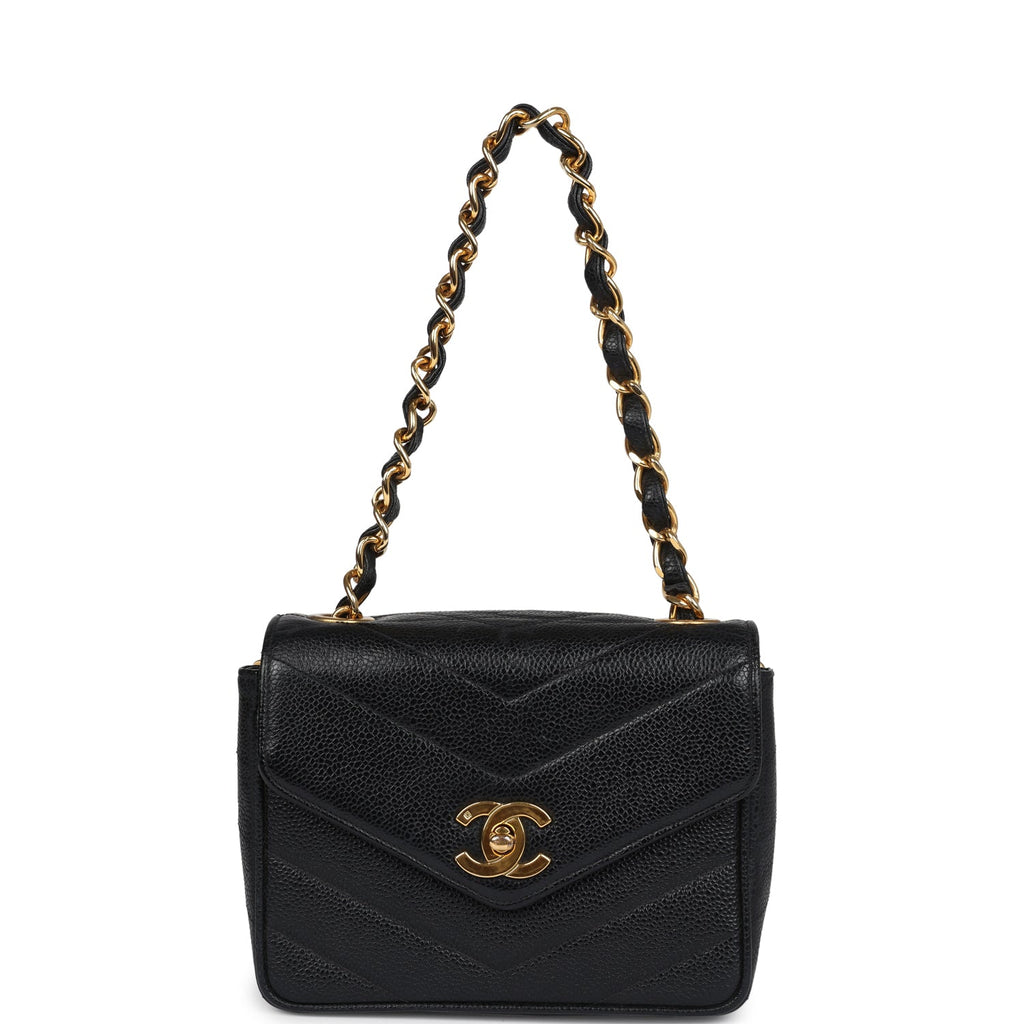 Vintage Square Chevron Envelope Flap Bag Black Caviar Gold Hardware
