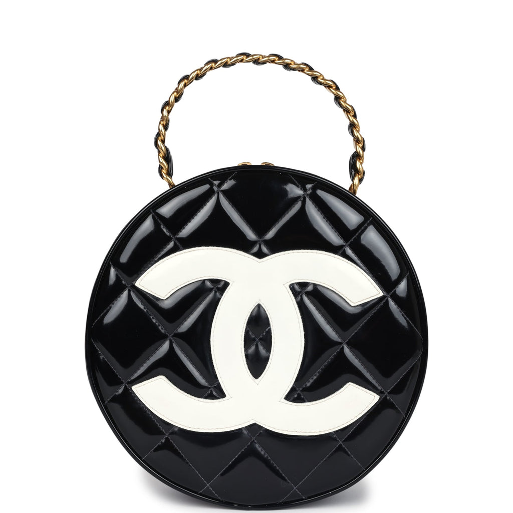 Vintage Round Vanity Bag Black and White Patent Leather Antique Gold Hardware