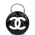 Vintage Round Vanity Bag Black and White Patent Leather Antique Gold Hardware