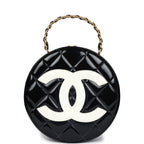 Vintage Round Vanity Bag Black and White Patent Leather Antique Gold Hardware