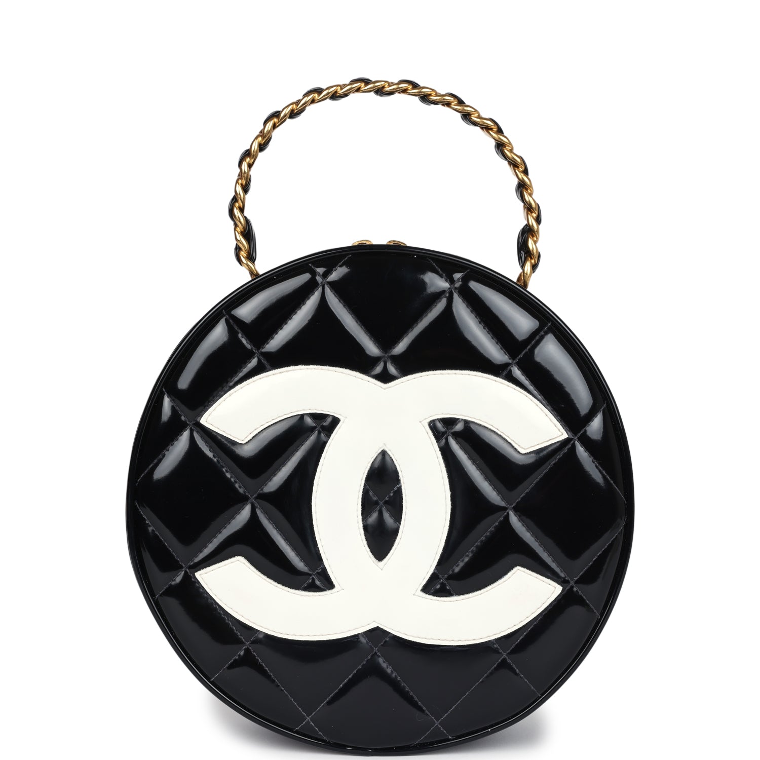 Vintage Round Vanity Bag Black and White Patent Leather Antique Gold Hardware