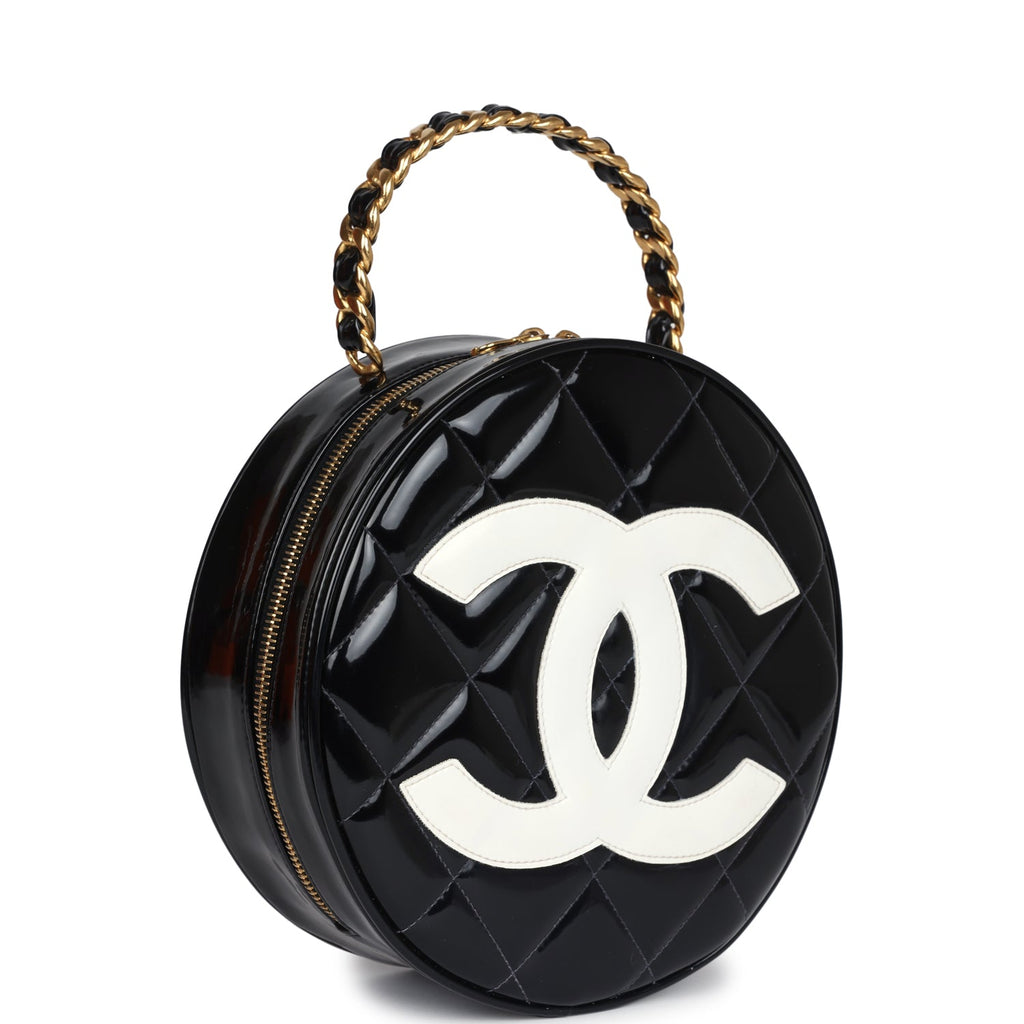 Vintage Round Vanity Bag Black and White Patent Leather Antique Gold Hardware
