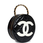 Vintage Round Vanity Bag Black and White Patent Leather Antique Gold Hardware