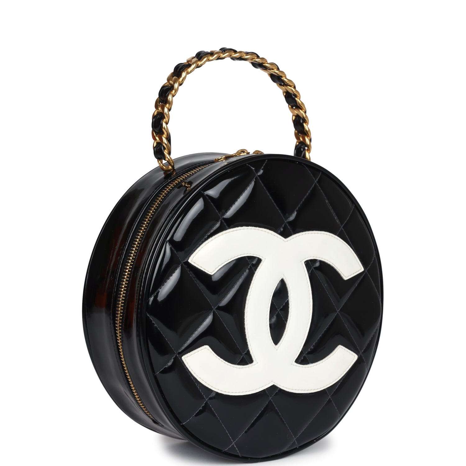 Vintage Round Vanity Bag Black and White Patent Leather Antique Gold Hardware