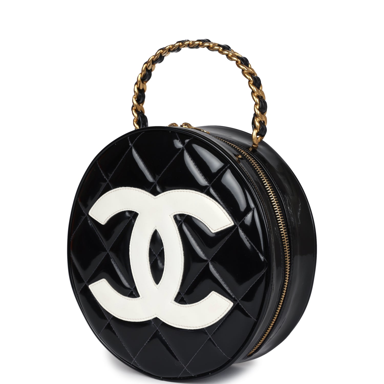 Vintage Round Vanity Bag Black and White Patent Leather Antique Gold Hardware