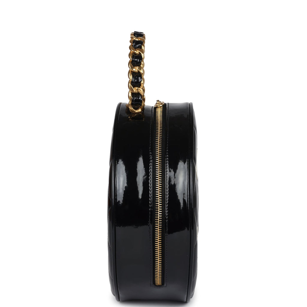 Vintage Round Vanity Bag Black and White Patent Leather Antique Gold Hardware