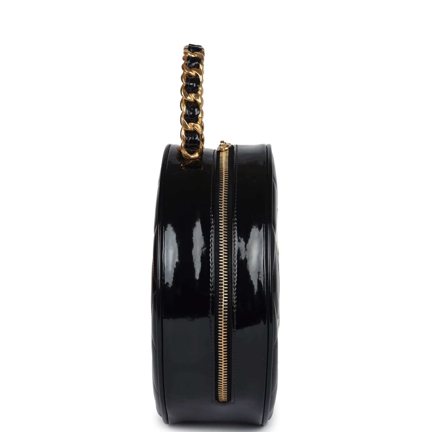 Vintage Round Vanity Bag Black and White Patent Leather Antique Gold Hardware