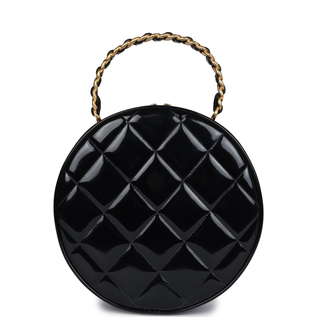 Vintage Round Vanity Bag Black and White Patent Leather Antique Gold Hardware