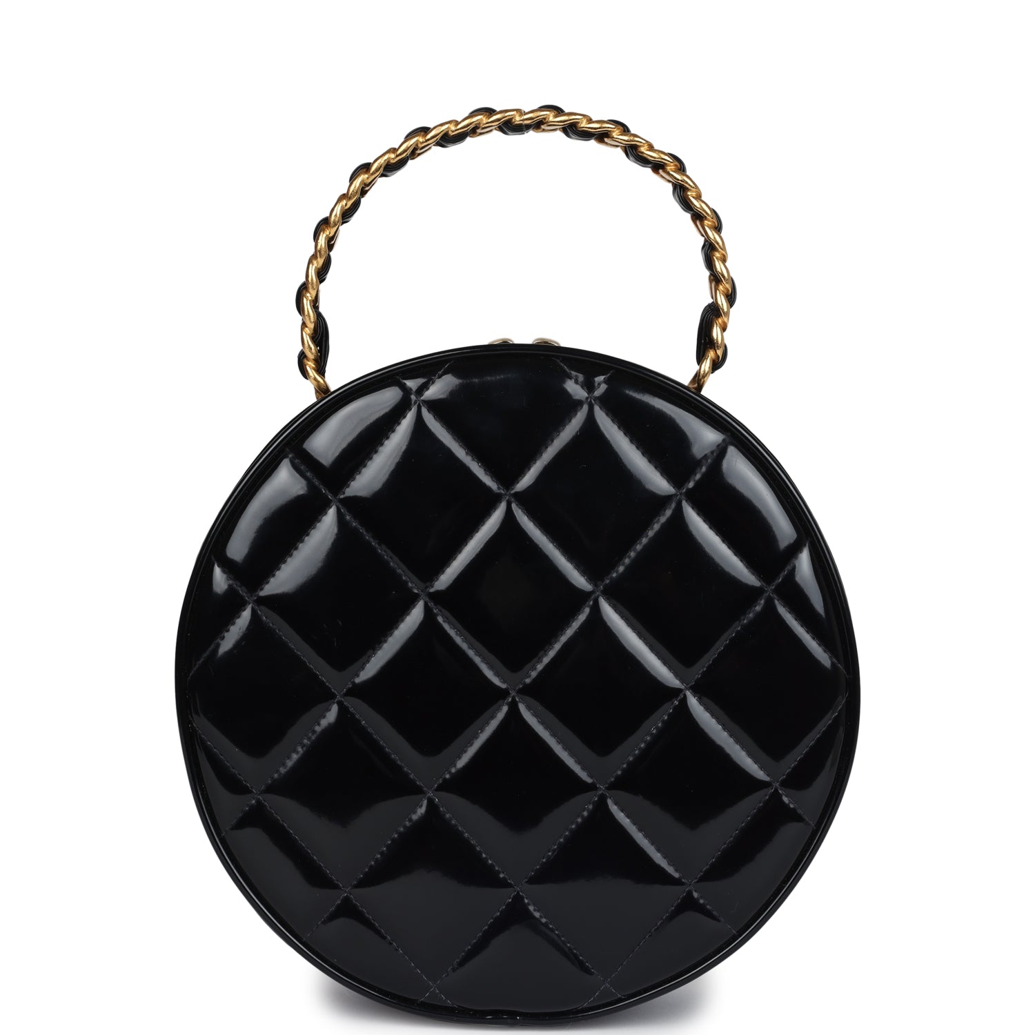 Vintage Round Vanity Bag Black and White Patent Leather Antique Gold Hardware