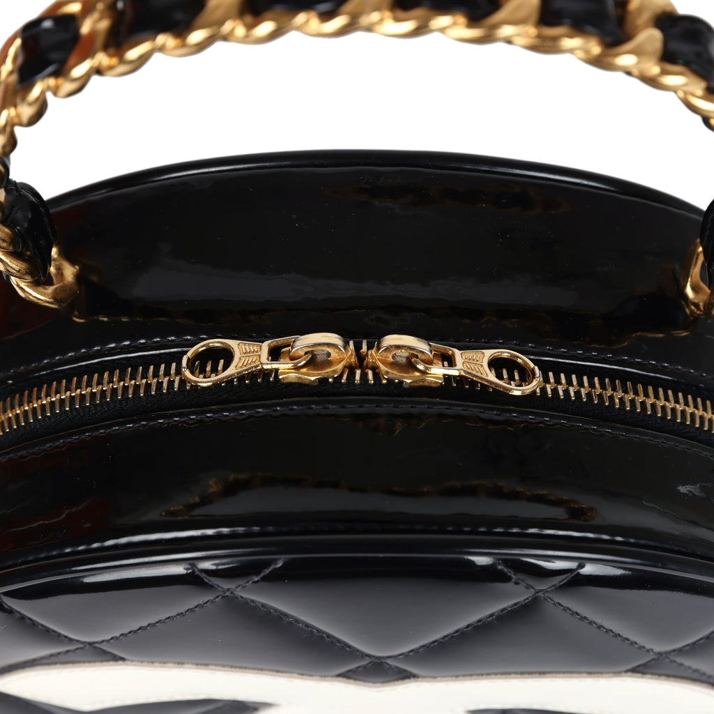 Vintage Round Vanity Bag Black and White Patent Leather Antique Gold Hardware