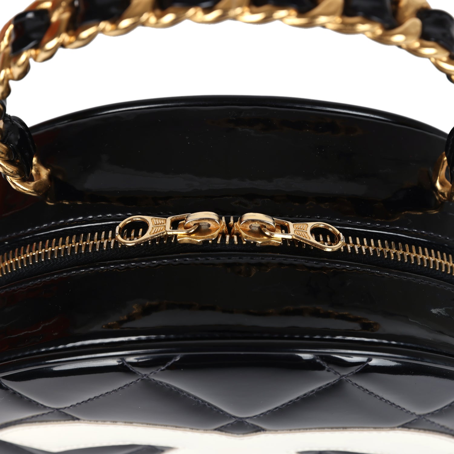Vintage Round Vanity Bag Black and White Patent Leather Antique Gold Hardware