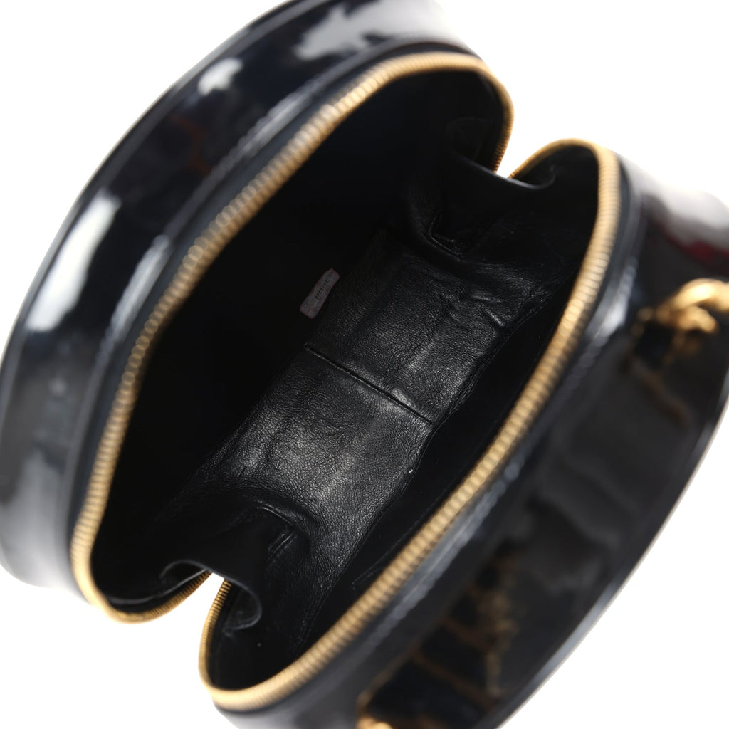 Vintage Round Vanity Bag Black and White Patent Leather Antique Gold Hardware