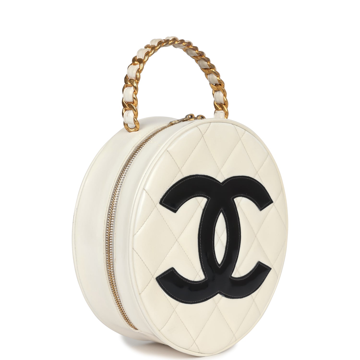 Vintage Round Vanity Bag White and Black Patent Leather Antique Gold Hardware