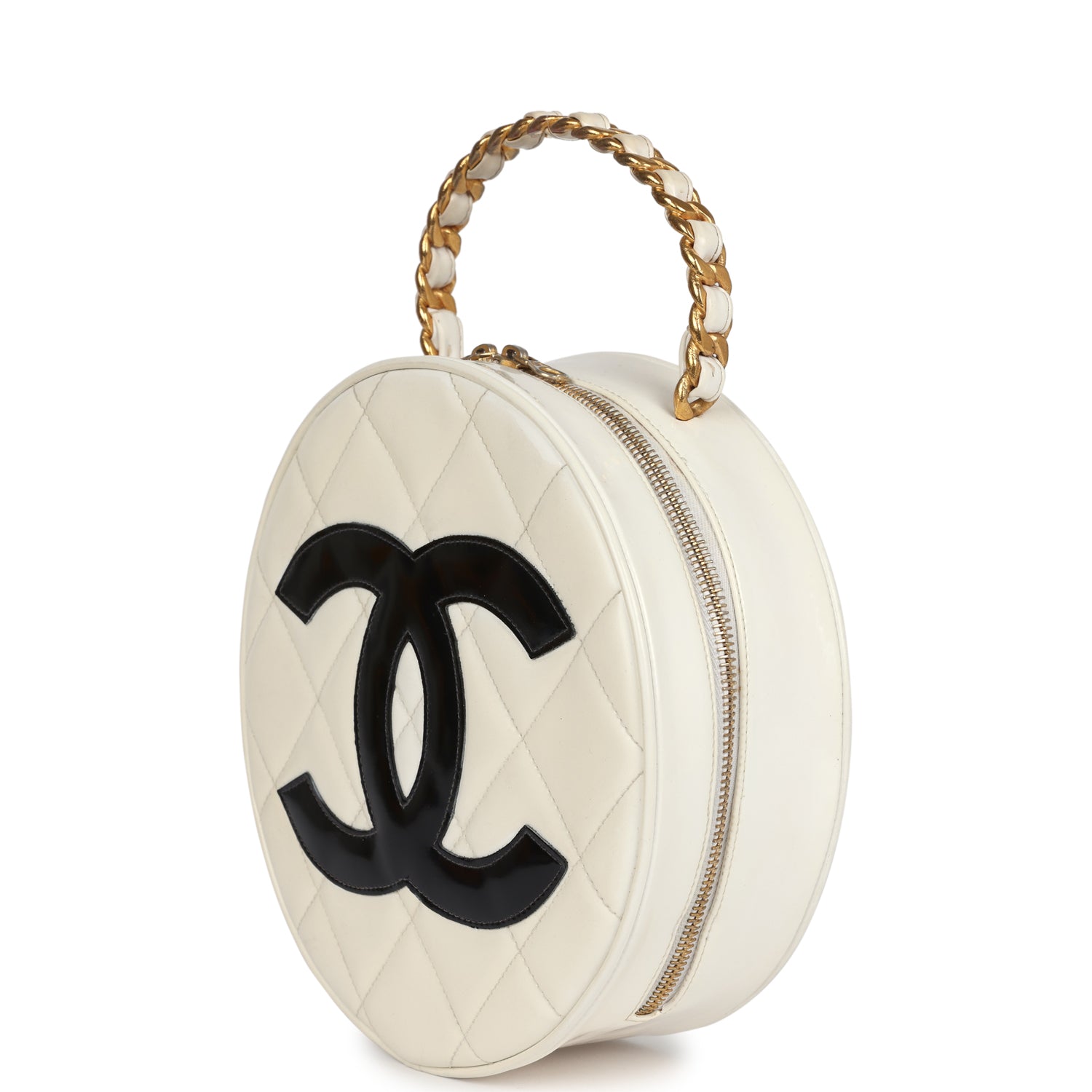 Vintage Round Vanity Bag White and Black Patent Leather Antique Gold Hardware