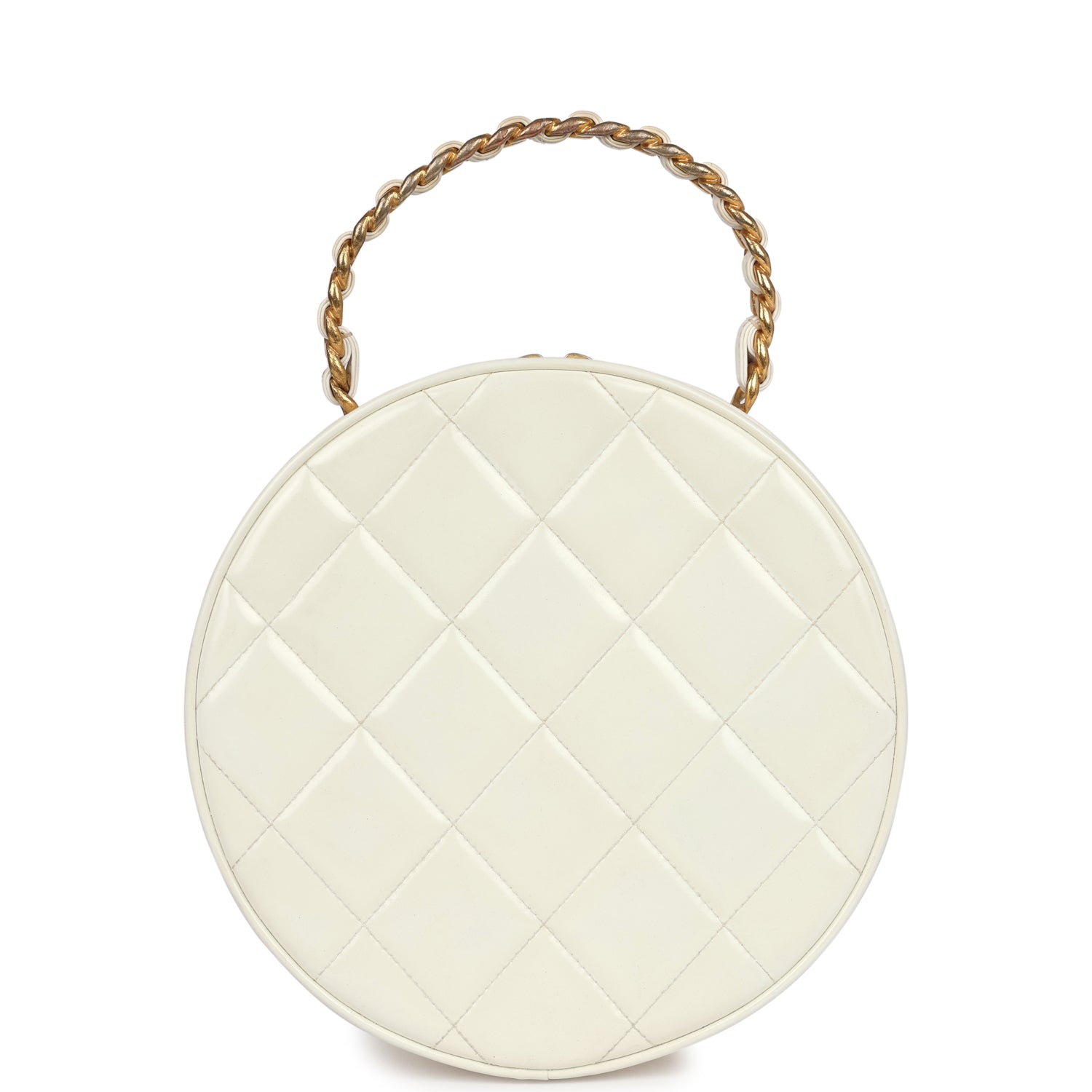 Vintage Round Vanity Bag White and Black Patent Leather Antique Gold Hardware
