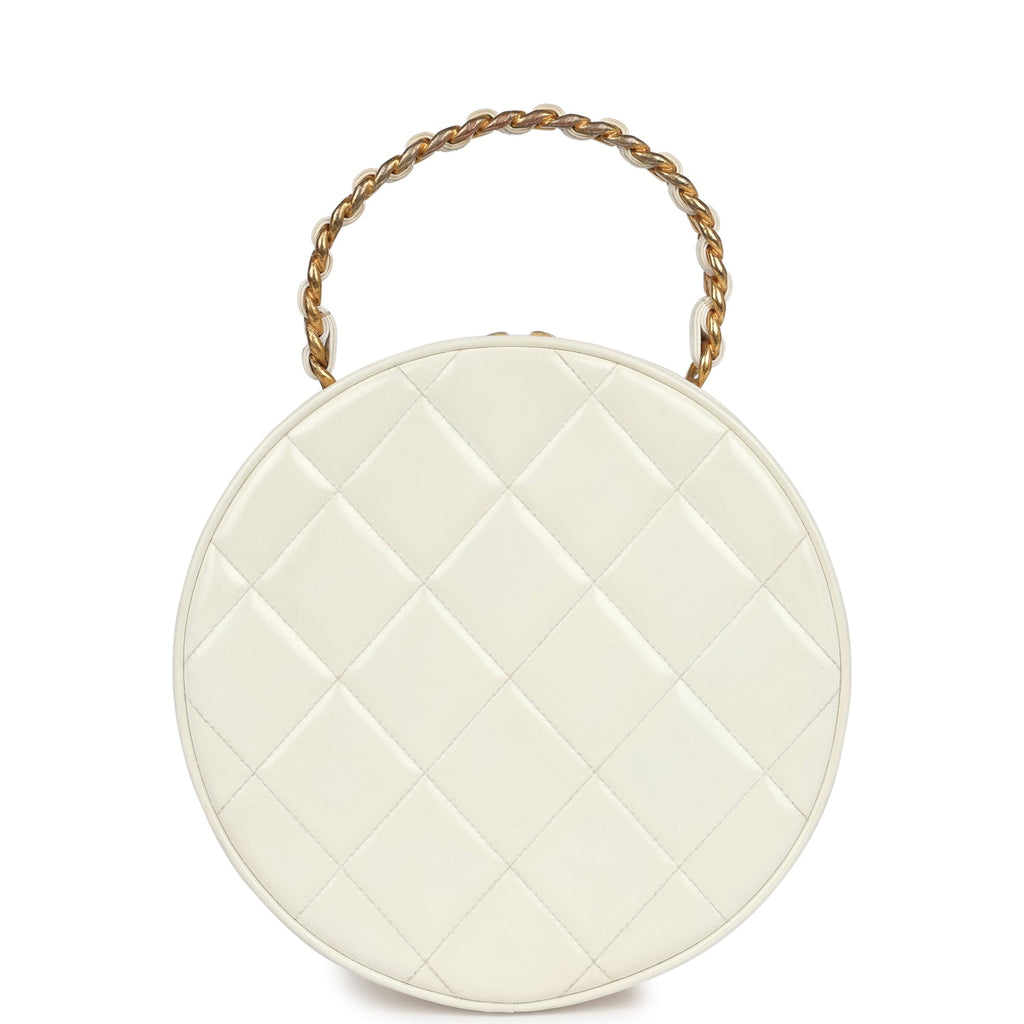 Vintage Round Vanity Bag White and Black Patent Leather Antique Gold Hardware