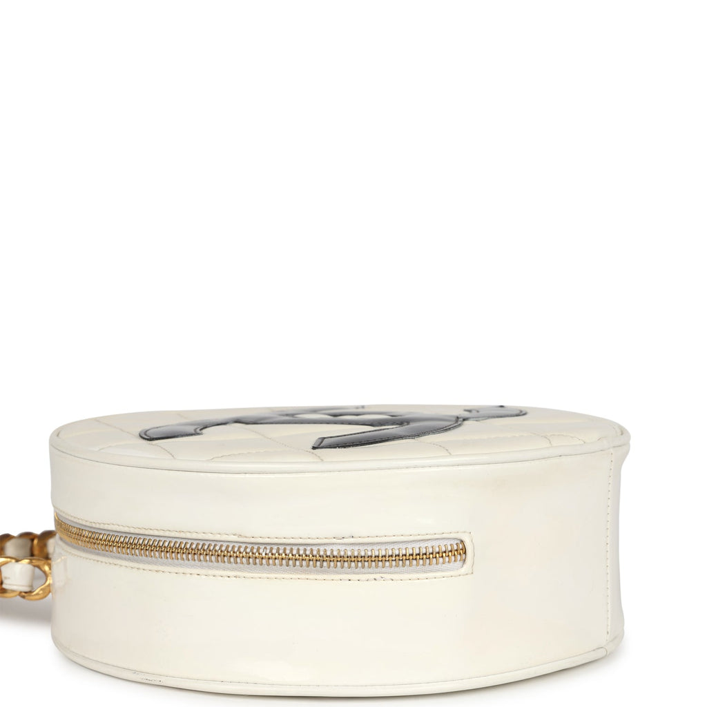 Vintage Round Vanity Bag White and Black Patent Leather Antique Gold Hardware