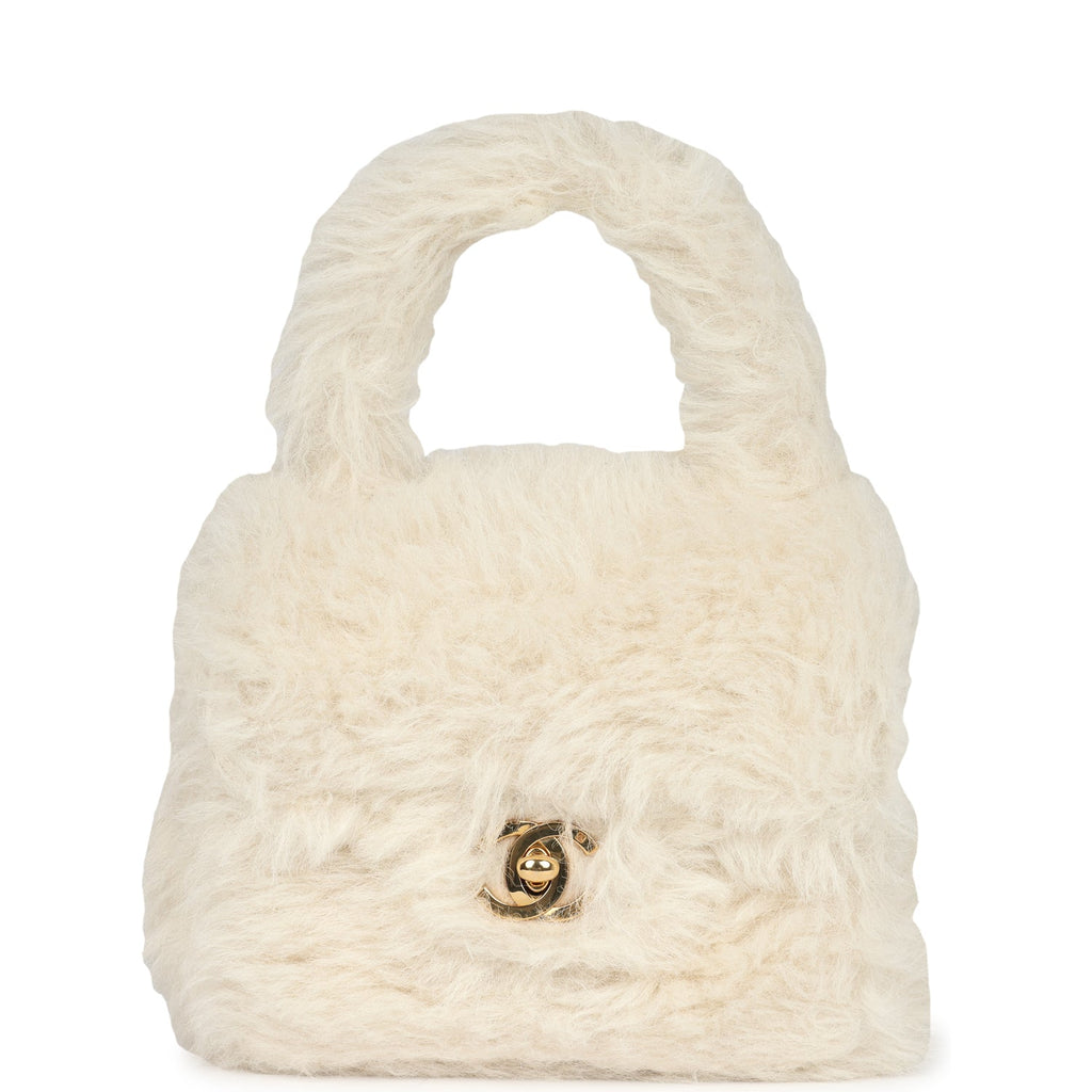 Vintage Micro Kelly Child White Rabbit Fur Gold Hardware