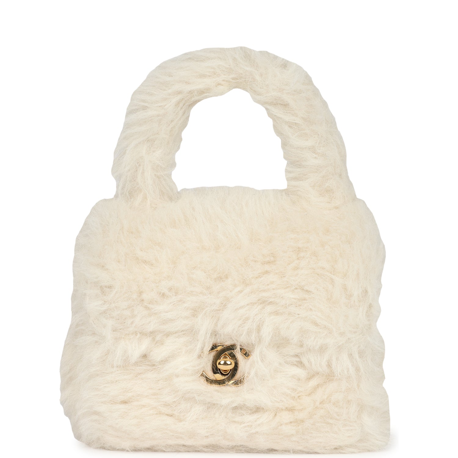 Vintage Micro Kelly Child White Rabbit Fur Gold Hardware
