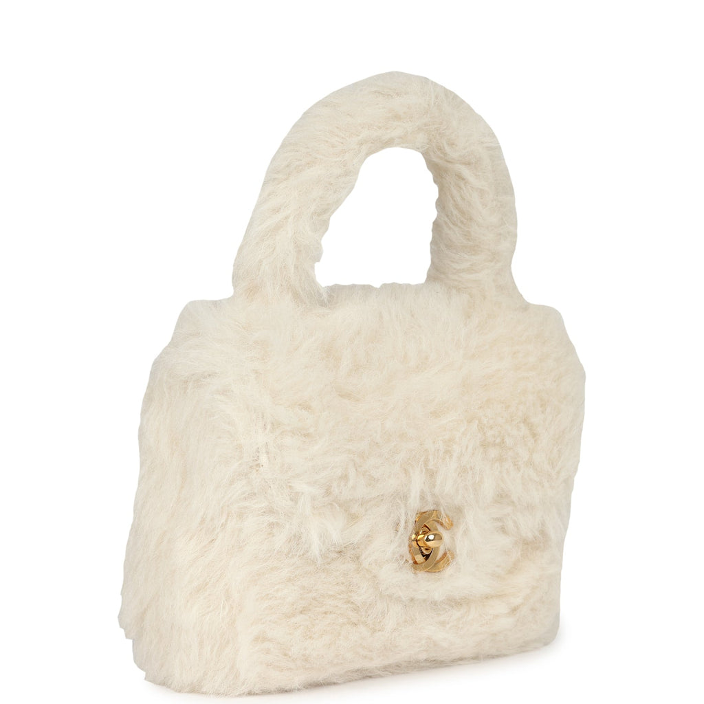 Vintage Micro Kelly Child White Rabbit Fur Gold Hardware