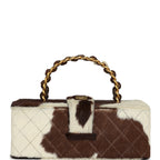Vintage Rectangular Vanity Box Brown and White Cow Print Pony Hair Antique Gold Hardware