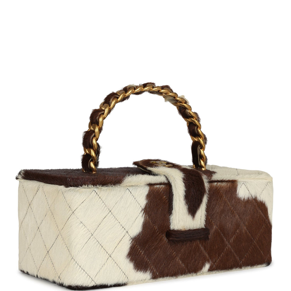 Vintage Rectangular Vanity Box Brown and White Cow Print Pony Hair Antique Gold Hardware