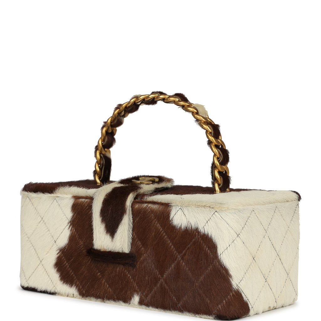 Vintage Rectangular Vanity Box Brown and White Cow Print Pony Hair Antique Gold Hardware